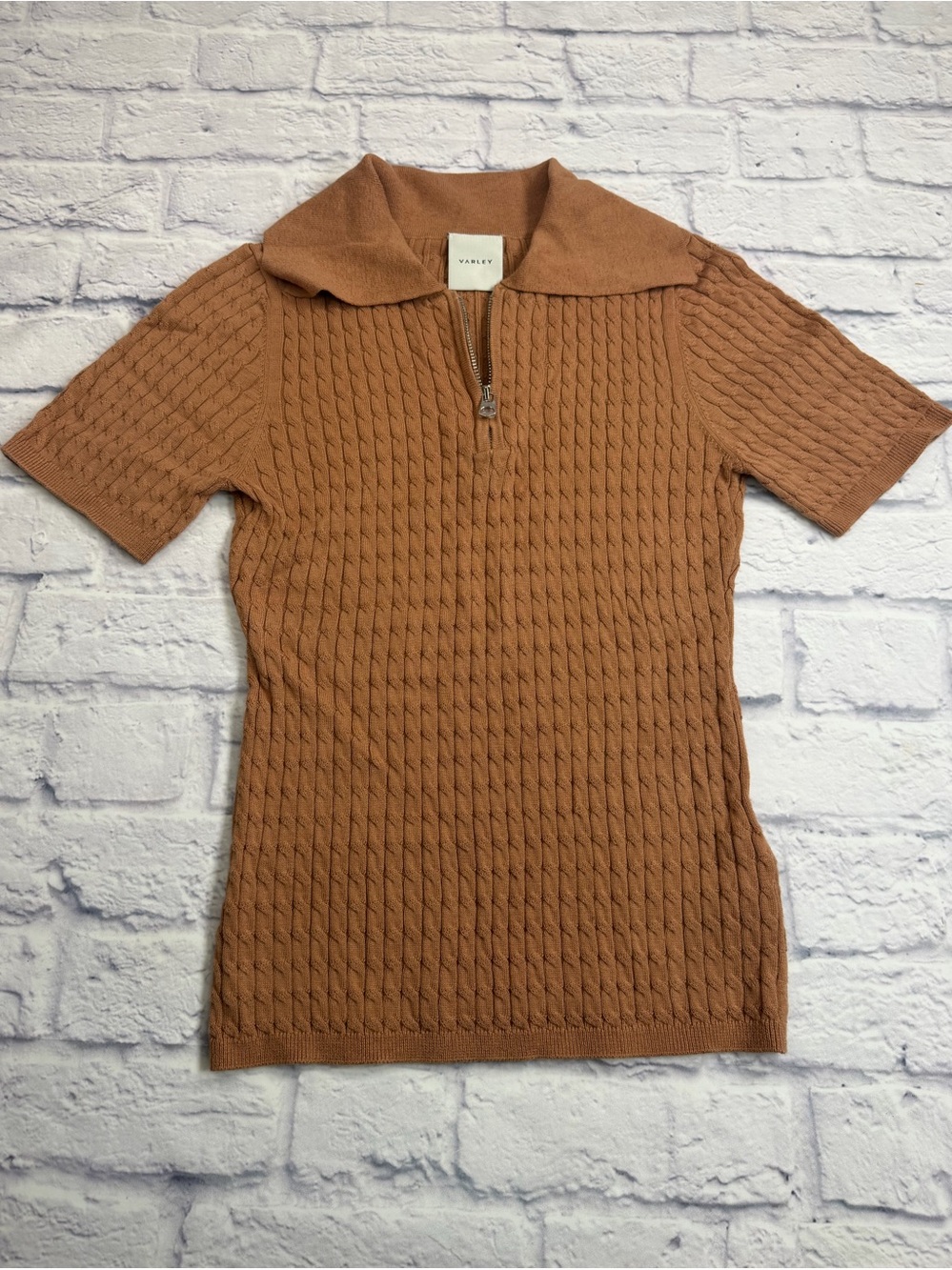 Varley Camel Color Cable-Knit Quarter Zip Short Sleeve Sweater. Size Small.